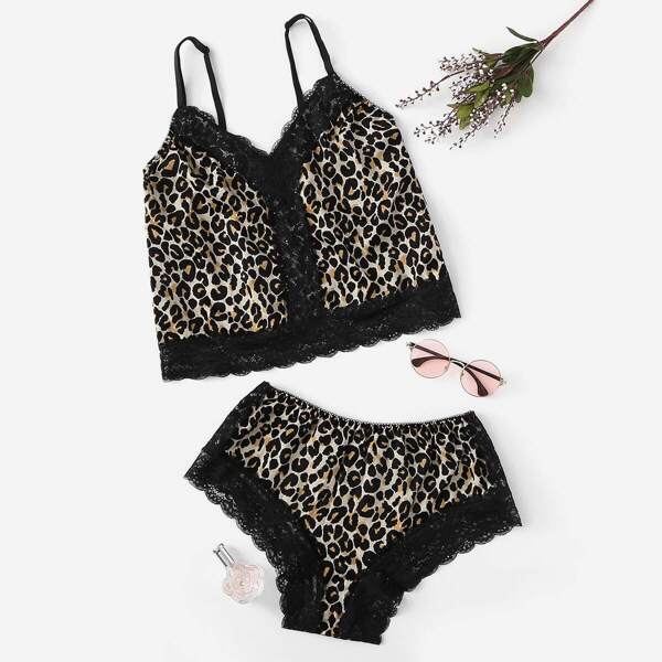 

Lace Trim Satin Leopard Cami Top & Panty 2pack
