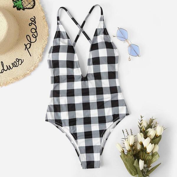 

Lace Up Open Back Plaid Plunging Swimsuit