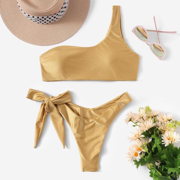 

One Shoulder Solid Knot Bikini Set