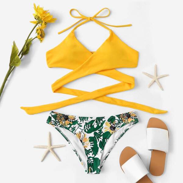 

Random Crisscross Jungle Leaf Print Bikini Set, Multicolor