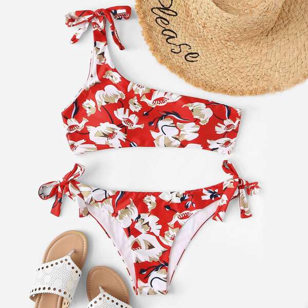 

Random Floral One Shoulder Top With Tie Side Bikini