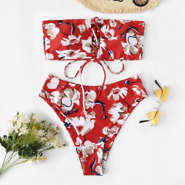 

Flower Print Lace-up Bandeau With High Leg Bikini