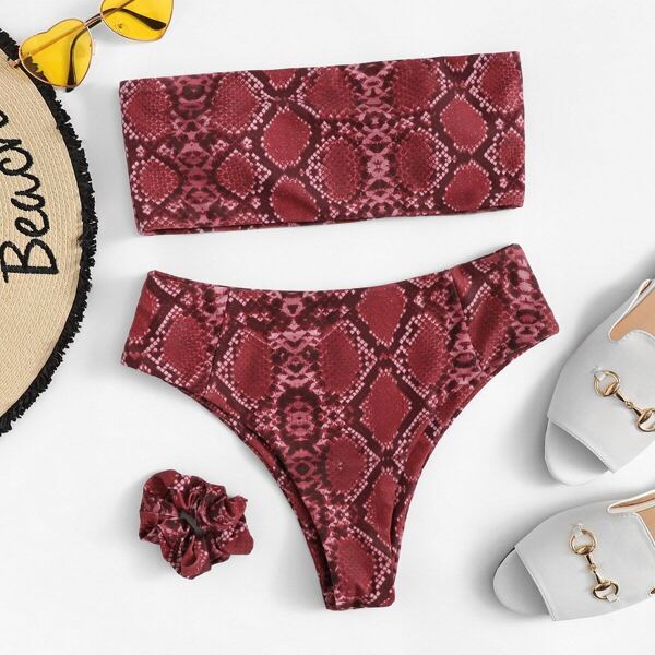 

Snakeskin Bandeau With High Waist Bikini With Hair Tie