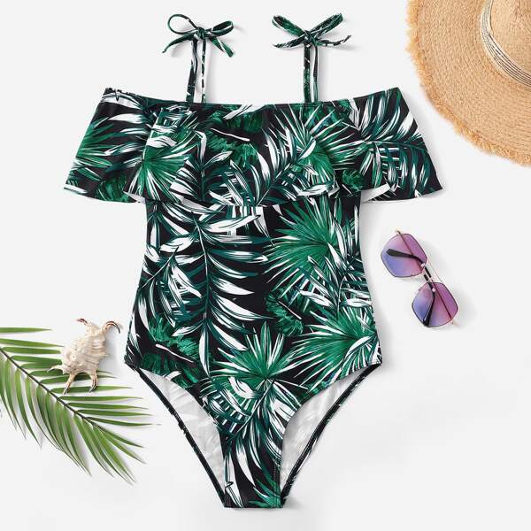 

Tropical Random Print Flounce One Piece Swimsuit, Multicolor