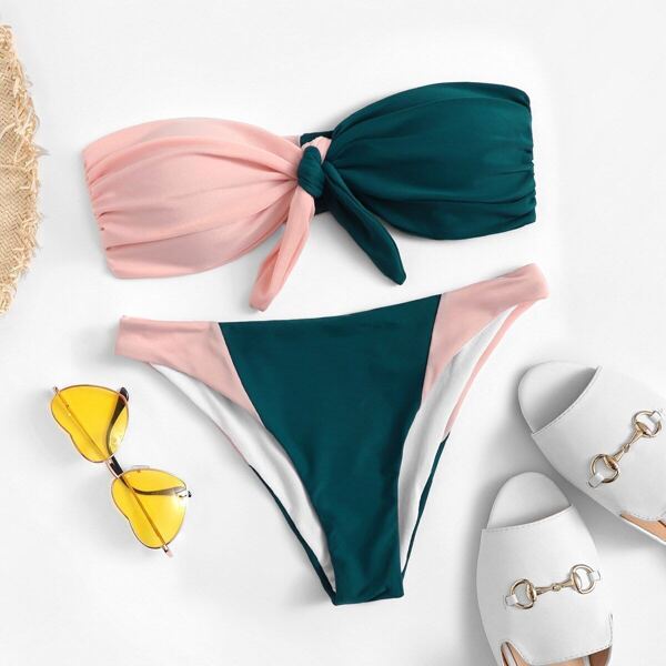 

Knot Front Bandeau Top With Two Tone Bikini