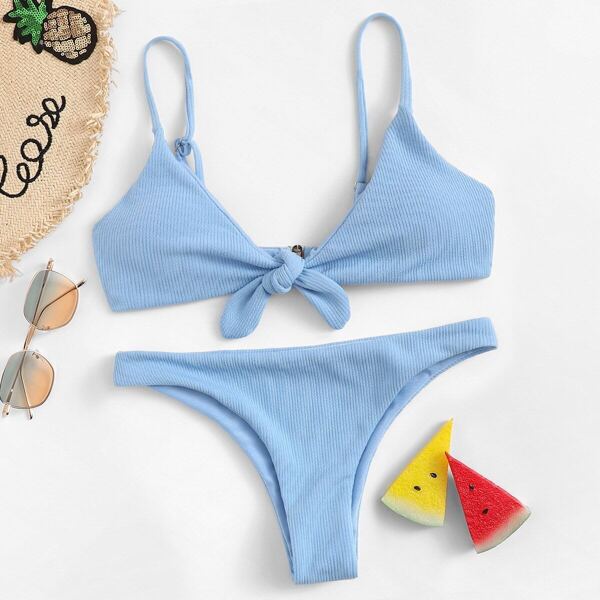 

Knot Front Thin Straps Top With Ribbed Bikini Set, Blue