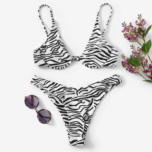 

Zebra Pattern Print Top With High Cut Bikini Set, Black and white