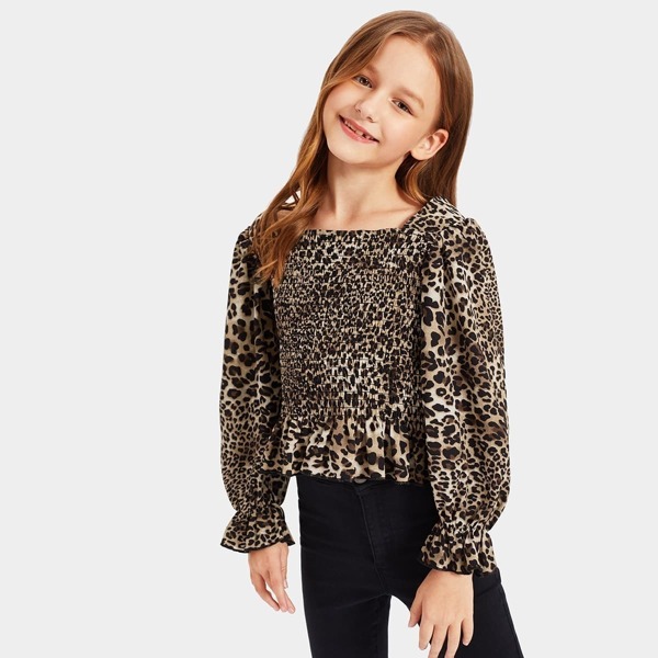 

Girls Square Neck Shirred Leopard Peplum Top, Multicolor