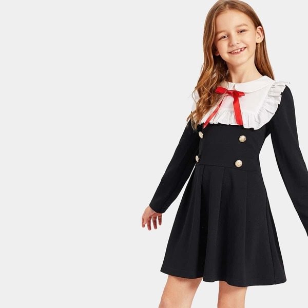 

Girls Button Embellished Ruffle Hem Dress