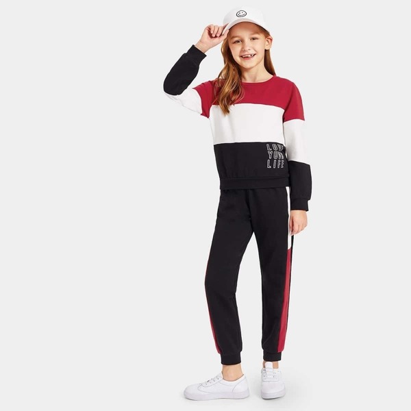 

Girls Color-block Letter Pullover & Pants Set