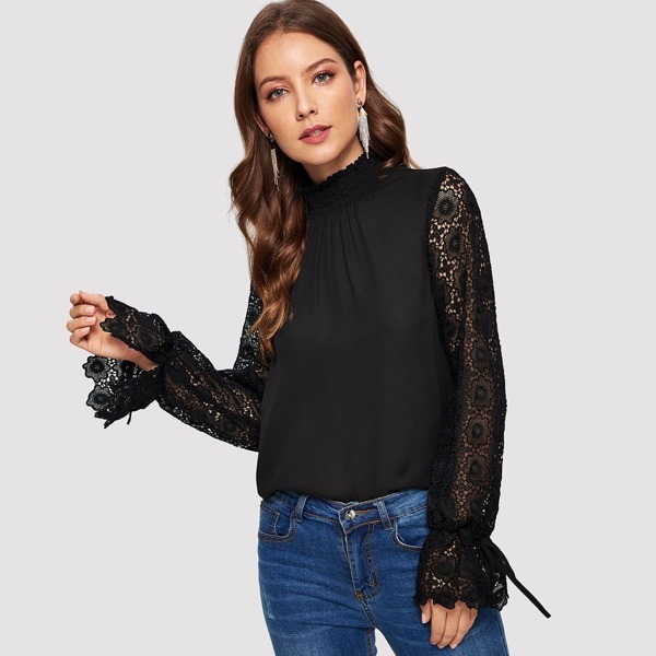 

Shirred Neck Lace Sleeve Solid Blouse, Black