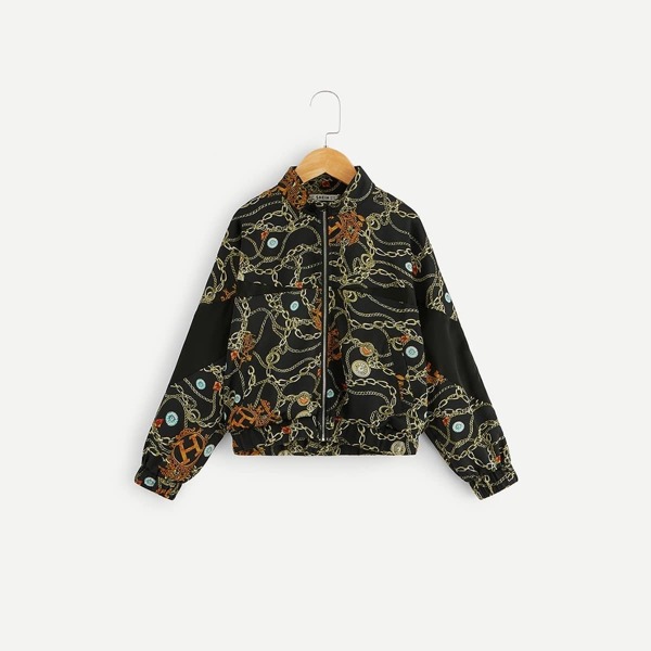 Girls Mock Neck Zip Up Chain Print Jacket, Black