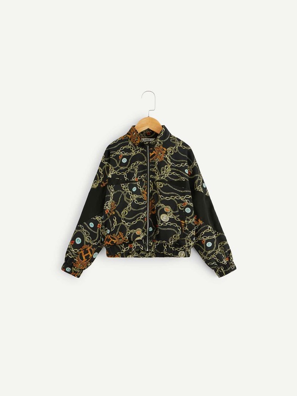 

Girls Mock Neck Zip Up Chain Print Jacket, Black
