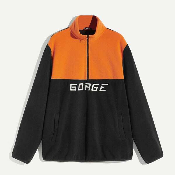 

Men Two Tone Zip Half Placket Letter Embroidery Jacket