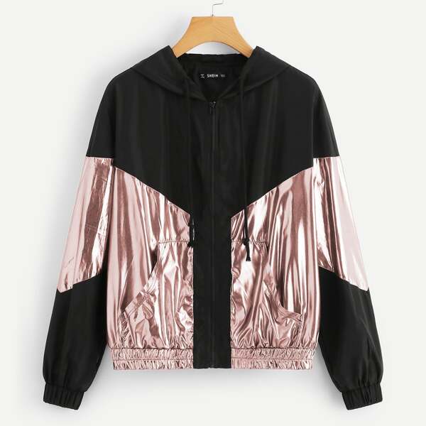

Pocket Front Metallic Hoodie Jacket