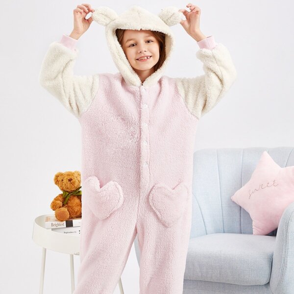 

Girls Color-block Teddy Hooded PJ Jumpsuit