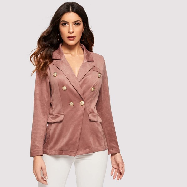

Notched Collar Double Breasted Suede Blazer, Pink