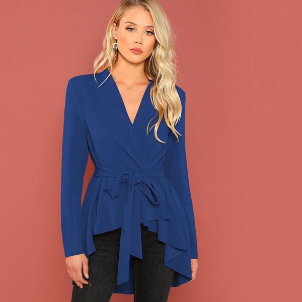 

Surplice Wrap Self Belted Dip Hem Coat