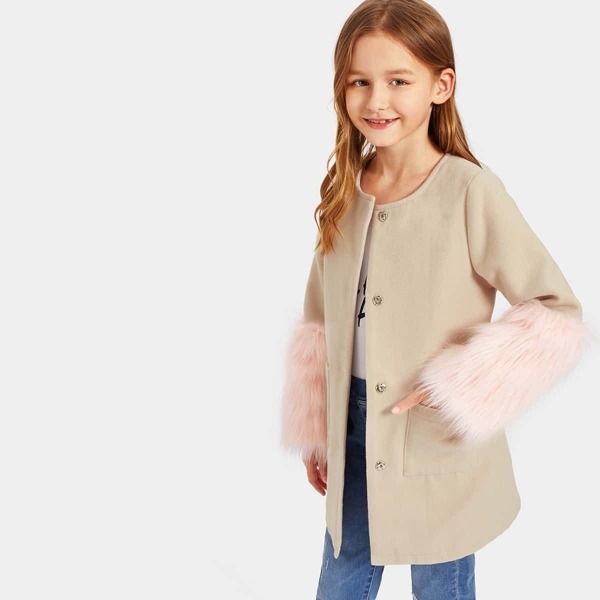 

Girls Single Breasted Contrast Faux Fur Coat