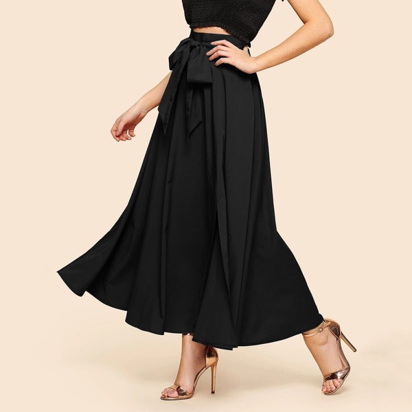 

Knot Front Split Solid Skirt, Black
