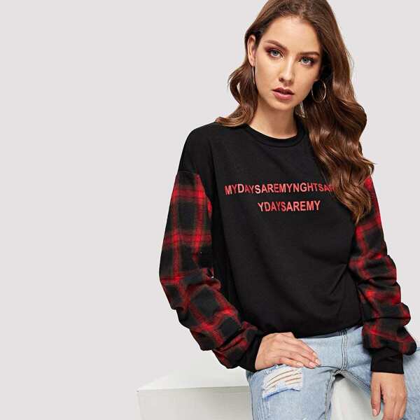 

Drop Shoulder Plaid Sleeve Letter Pullover