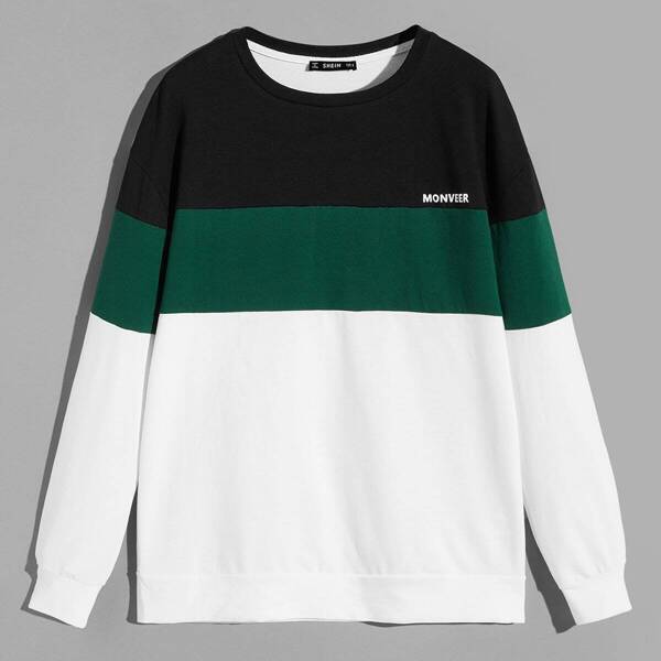 

Men Crew Neck Color-block Letter Pullover