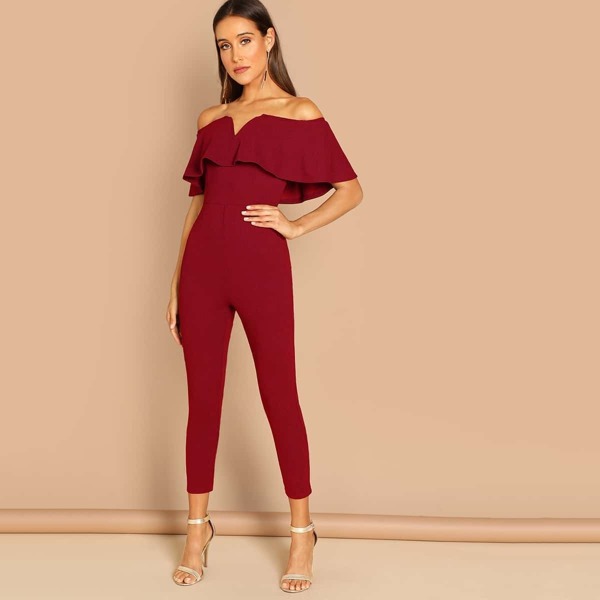 

V-cut Off Shoulder Ruffle Trim Bodycon Jumpsuit