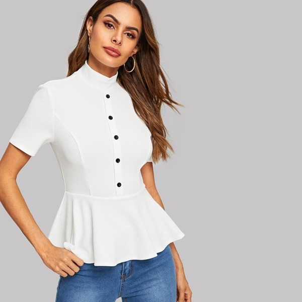 

Button Front Mock-neck Peplum Top, White