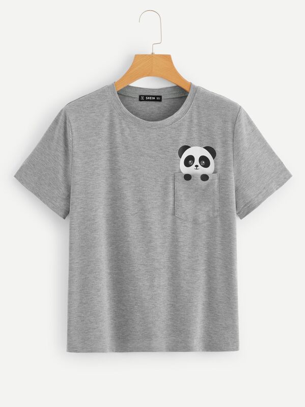 

Panda Print Pocket Patched Tee, Grey