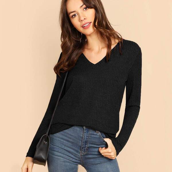 

Solid V-neck Rib-knit Top