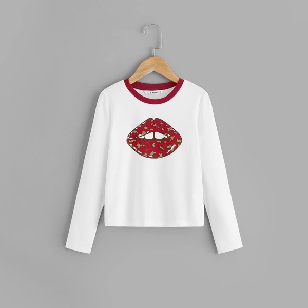 

Girls Contrast Trim Lip Print Tee, White