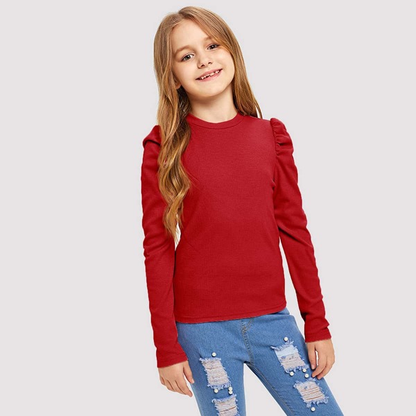 

Girls Puff Sleeve Ribbed Knit Tee