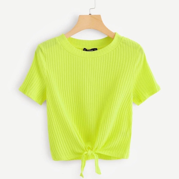 

Knot Hem Rib-knit Neon Top