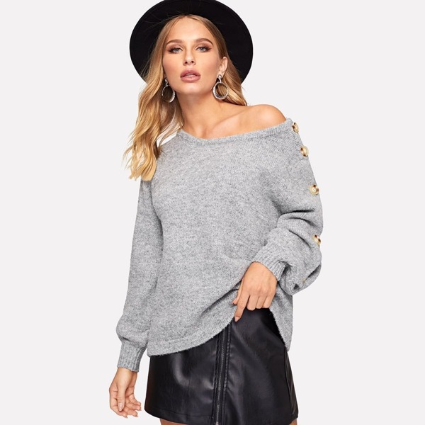 

Button Embellish Sleeve Marled Sweater