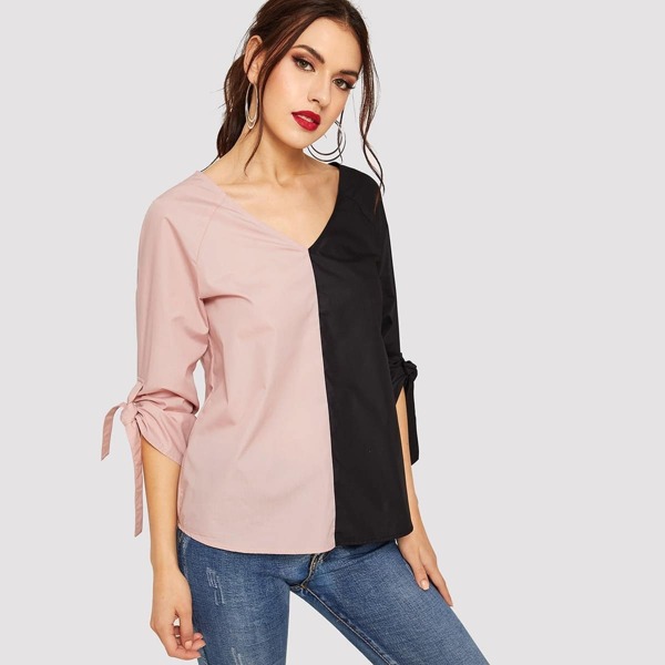 

Knot Sleeve Two Tone Spliced Top, Multicolor