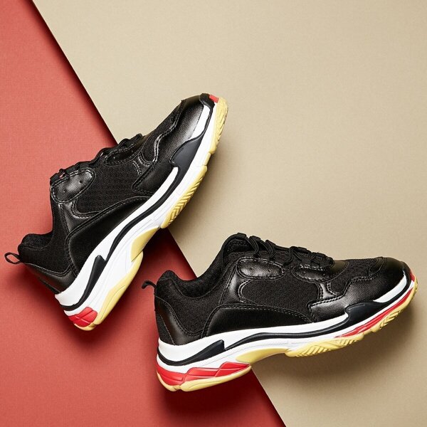 

Lace Front Two Tone Chunky Sole Dad Sneakers, Black