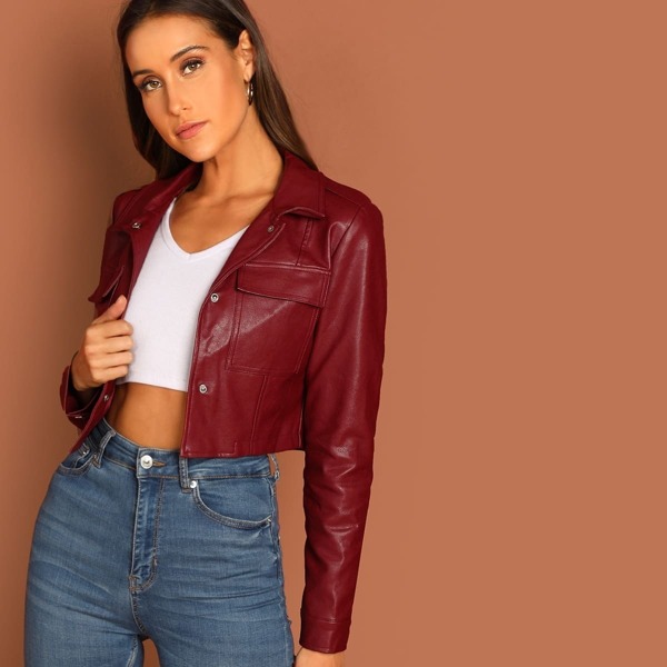 

Pocket Patched Crop PU Leather Jacket
