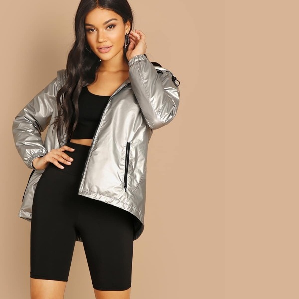 

Metallic Zip Up Hooded Coat, Grey