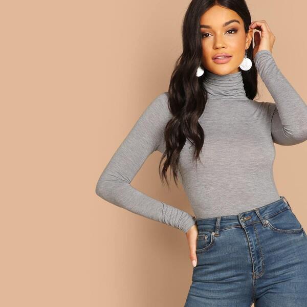 

High Neck Heather Grey Slim Fitted Tee