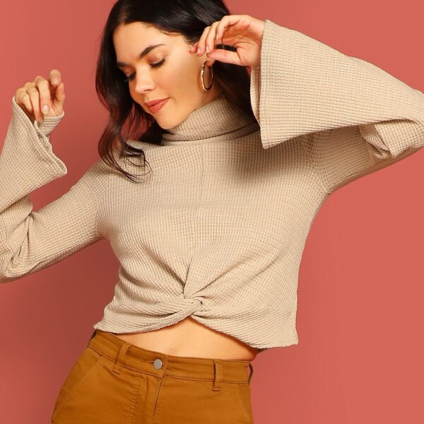 

Turtleneck Bell Sleeve Twist Hem Textured Tee