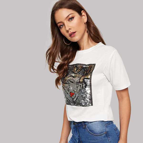 

Contrast Sequin Figure Pattern Tee, White