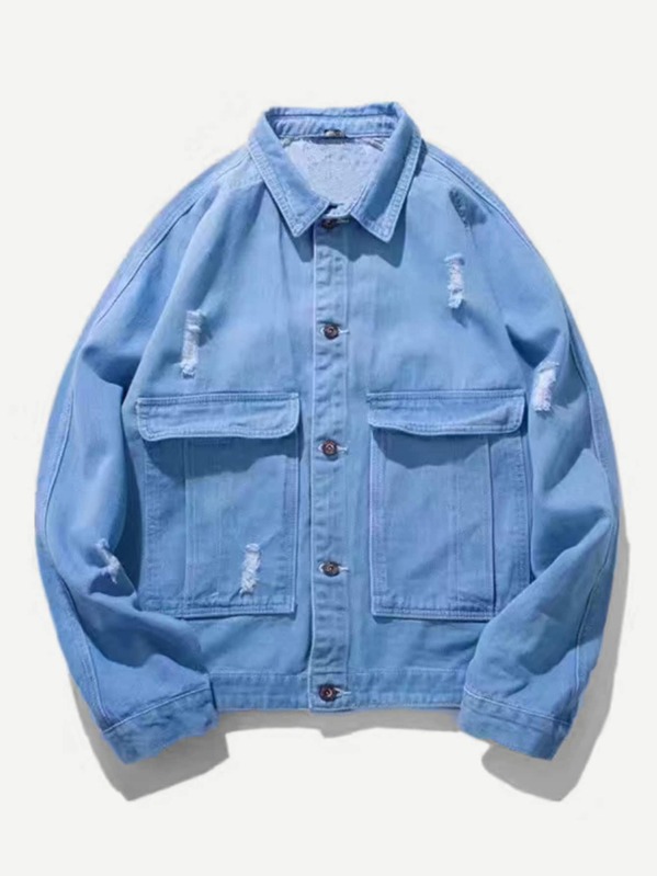 

Мужская рваная джинсовая куртка с двумя кармана, null