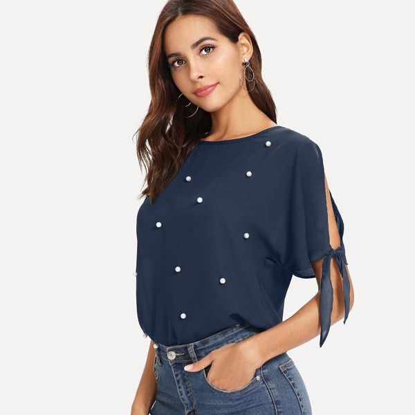 

Pearl Beaded Slit Knot Cuff Top