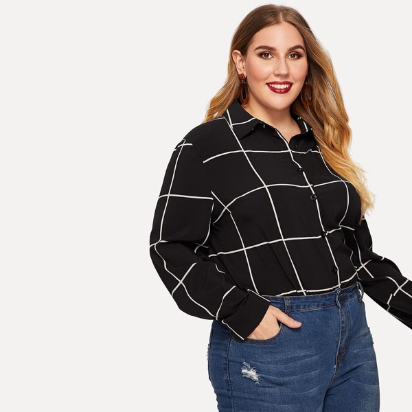 

Plus Button Up Grid Blouse