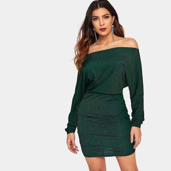 

Ruched Back Glitter Off Shoulder Blouson Dress