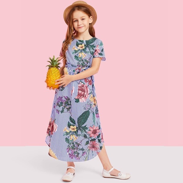 

Girls Curved Hem Striped and Flower Belted Dress