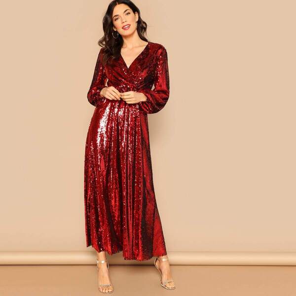 

Blouson Sleeve Surplice Sequin Maxi Dress, Red