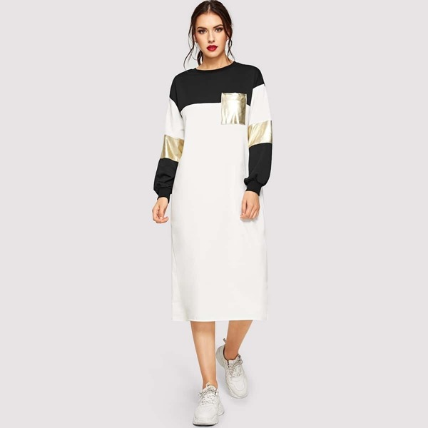 

Pocket Patched Metallic Panel Colorblock Dress, Multicolor
