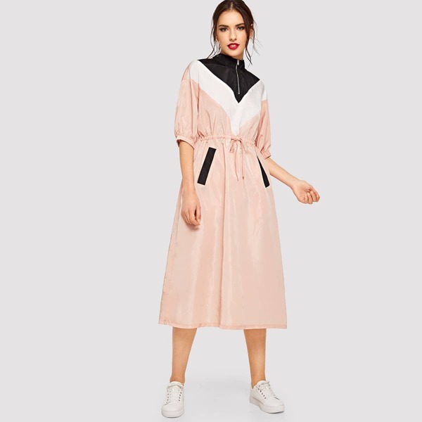 

Zip Front Drawstring Waist Chevron Hijab Dress, Pink