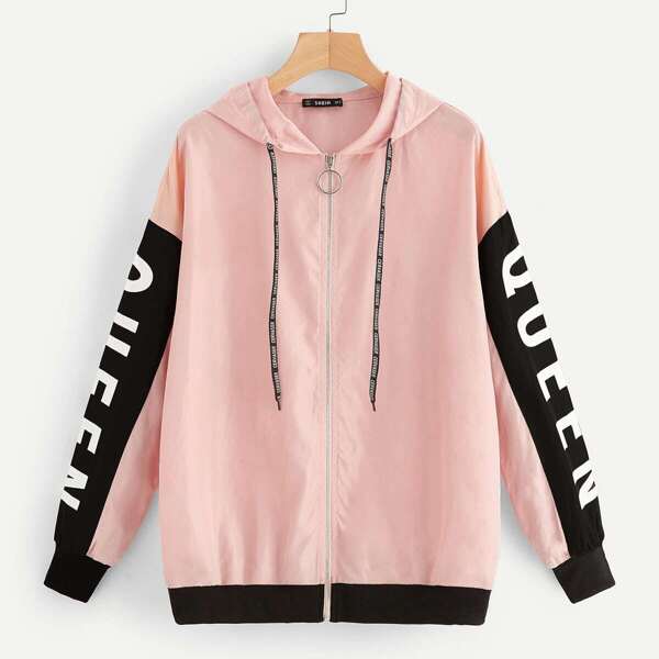 

Zip Up Letter Hoodie Jacket, Pink
